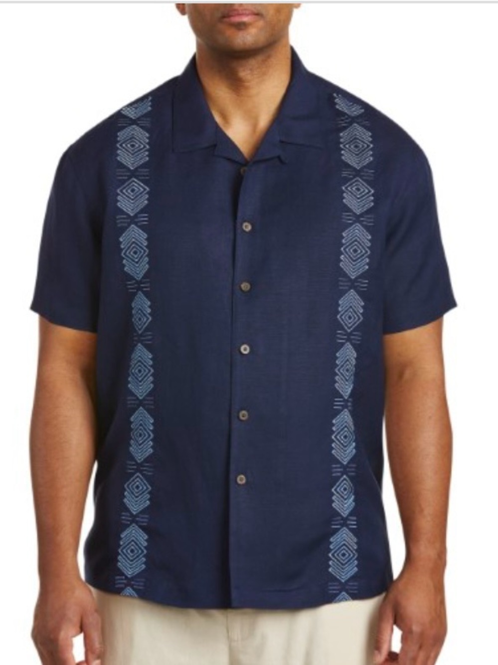Navy Short-Sleeve Button-Up Embroidered Camp Linen Shirt 2XL